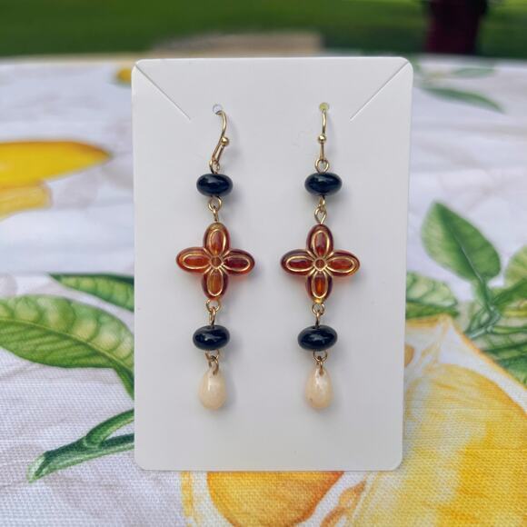 Hand Crafted Jewelry - Amber Tone Cross Shape Earthy Boho Bohemian Stone Beige Western Casual Earrings